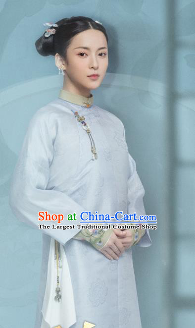 Chinese Ancient Garment Manchu Lady Apparels Blue Qipao Dress and Hair Jewelries Drama Dreaming Back to the Qing Dynasty Ming Hui Costumes