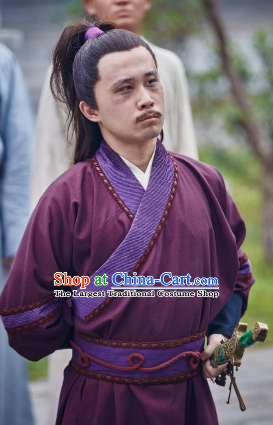 Chinese Ancient Knight Purple Apparels Knight Costumes and Headwear Wuxia Drama Xiya Xia Garment