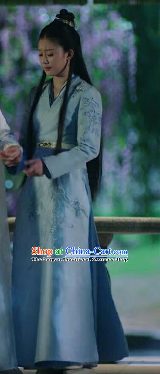 Chinese Ancient Goddess Blue Garment Drama Eternal Love of Dream Female Immortal Cheng Yu Dress and Headpieces Complete Set