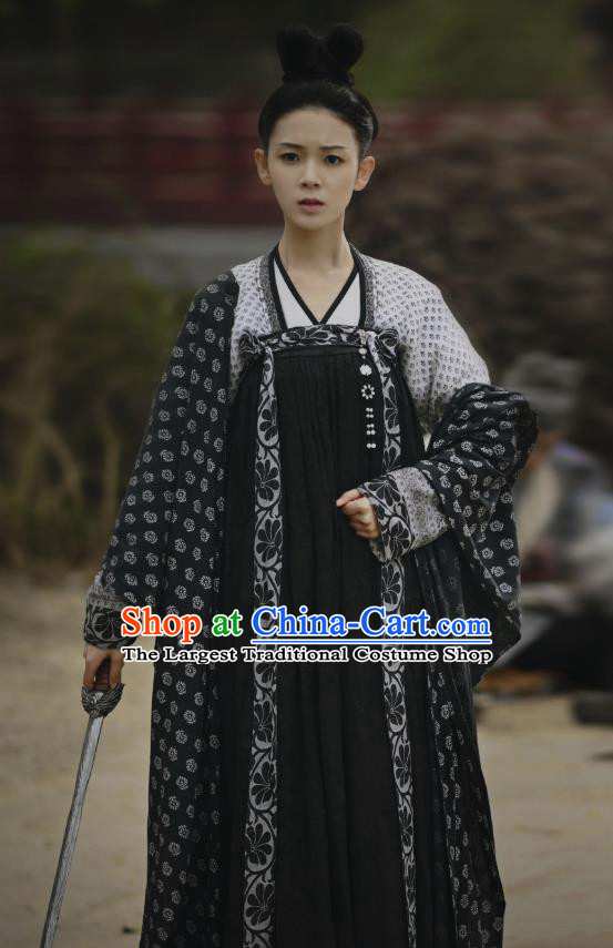 Chinese Ancient Tang Dynasty Black Hanfu Dress Apparels Costumes and Headpieces Drama Wu Xin The Monster Killer Court Maid Liu Qingluan Garment