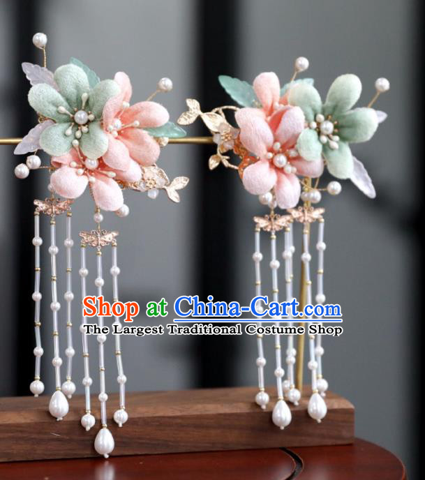 Chinese Ancient Pink Silk Flowers Hair Claws Ming Dynasty Headwear Women Hair Accessories Tassel Hair Stick Hairpin