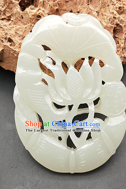 Chinese White Hetian Jade Waist Accessories Handgrip Craft Handmade Jade Jewelry Carving Jade Fish Lotus Pendant