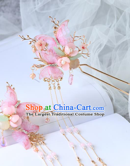 Chinese Ancient Hair Clips Hanfu Hair Accessories Women Pink Silk Butterfly Hairpin Headwear