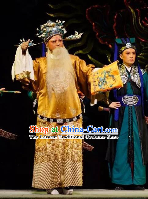 Chinese Peking Opera Old Men Embroidered Robe Garment Double Pearl Phoenix Chancellor Apparel Costumes and Hat