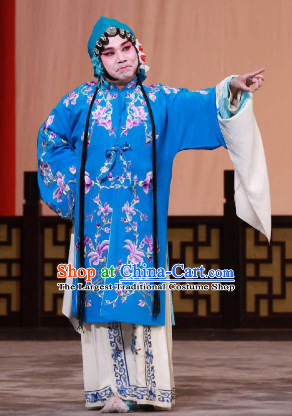 Traditional Chinese Peking Opera Blue Dress Apparel The Dream in Lady Chamber Costumes Young Female Garment and Headwear