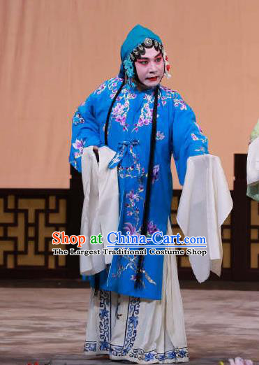 Traditional Chinese Peking Opera Blue Dress Apparel The Dream in Lady Chamber Costumes Young Female Garment and Headwear