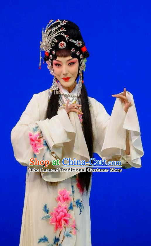 Chinese Peking Opera Hua Tan Garment Costumes Traditional Lv Bu and Diao Chan Apparels White Dress and Headpieces