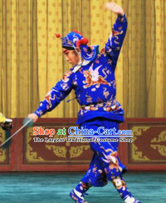 Chinese Kun Opera Martial Male Blue Costumes Garment Peking Opera Yandang Mountain Wusheng Apparels and Hat