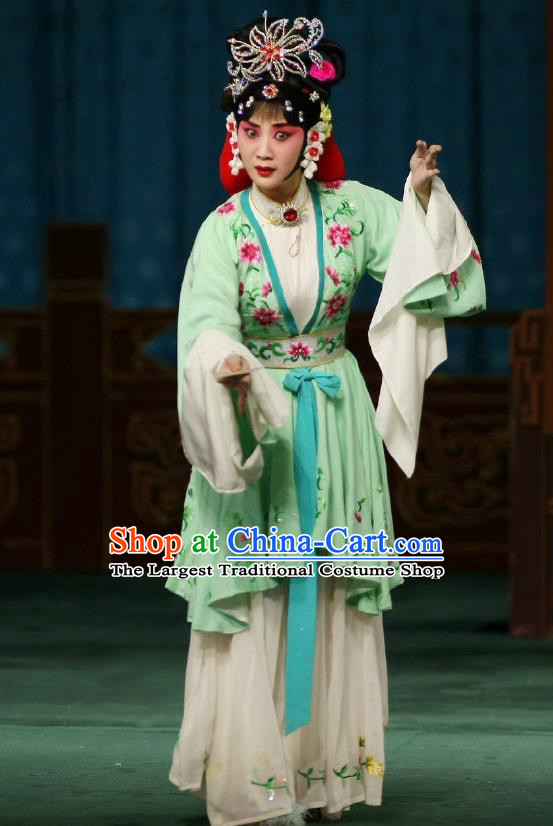 Chinese Traditional Peking Opera Apparels Costumes Matchmaker Garment Young Actress Hong Niang Green Dress and Headwear