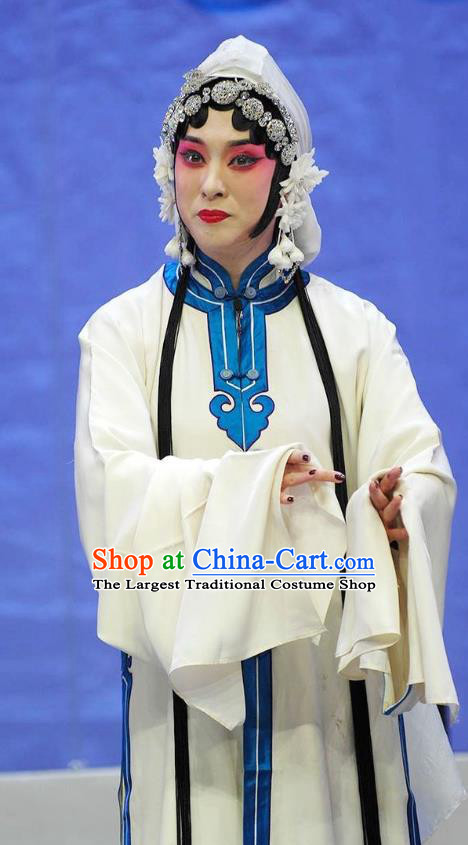 Traditional Chinese Peking Opera Dan Apparels Garment Wolong Tribute Actress Tsing Yi Distress Maiden Xiao Qiao White Dress Costumes and Headdress