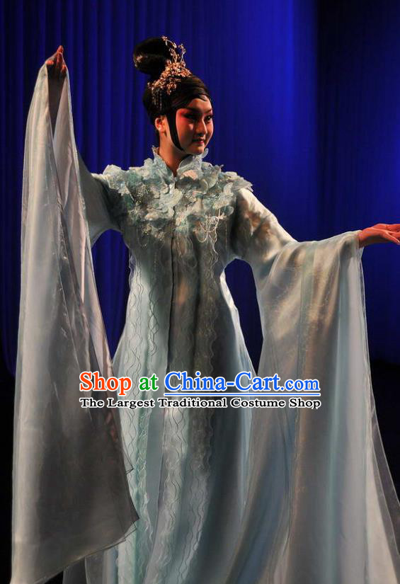 Chinese Kun Opera Young Lady Apparels Costumes The Fragrant Companion Peking Opera Hua Tan Garment Blue Dress and Hair Accessories