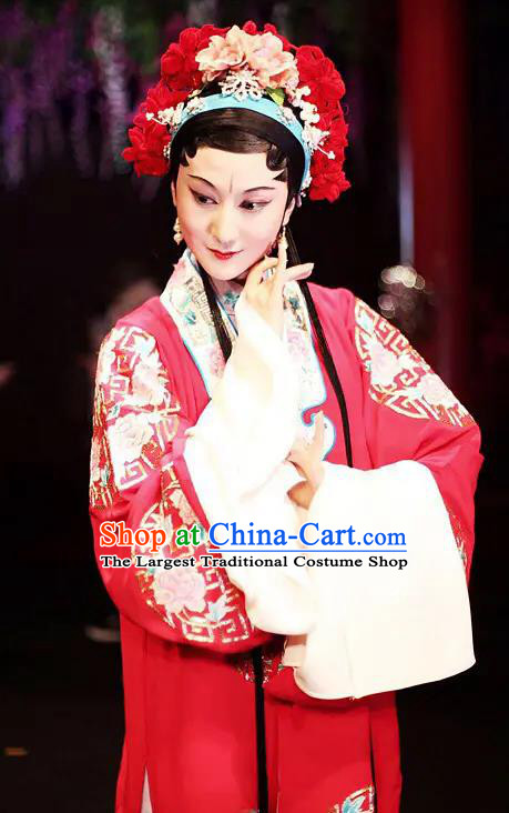 Chinese Kun Opera Wedding Apparels Costumes Garment The Fragrant Companion Peking Opera Hua Tan Rich Lady Red Dress and Hair Accessories
