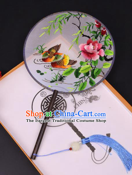 Chinese Traditional Embroidered Mandarin Duck Palace Fans Handmade Classical Dance Ebony Round Fan for Women