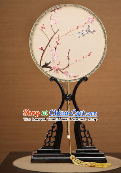 Handmade Chinese Embroidered Plum Butterfly Silk Round Fans Traditional Classical Dance Palace Fan for Women