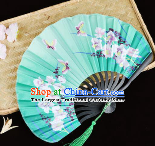 Handmade Chinese Printing Orchids Butterfly Green Satin Fan Traditional Classical Dance Accordion Fans Folding Fan