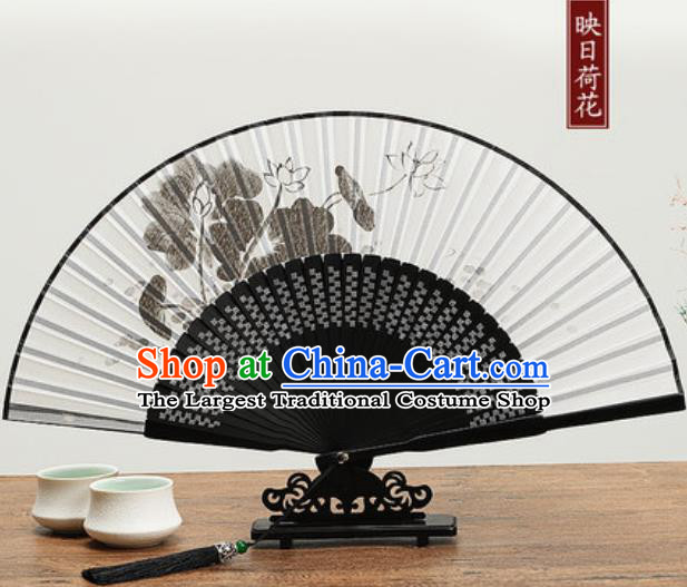 Chinese Traditional Ink Painting Lotus Fan Handmade Accordion Classical Dance Fans Folding Fan