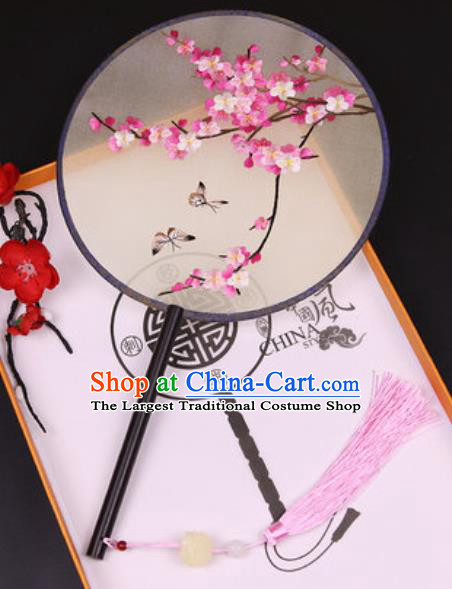 Handmade Chinese Embroidered Pink Plum Silk Fans Traditional Classical Dance Palace Fan for Women