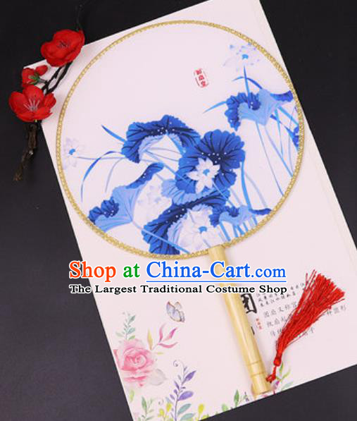 Chinese Traditional Printing Blue Lotus Silk Fans Handmade Classical Dance Palace Fan for Women