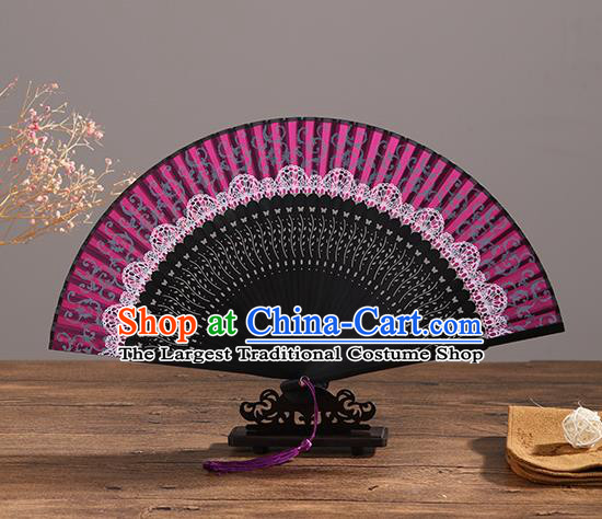 Handmade Chinese Printing Pink Lace Ebony Fan Traditional Classical Dance Accordion Fans Folding Fan