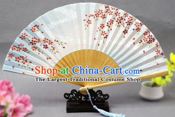Handmade Chinese Printing Flow Sakura Blue Fan Traditional Classical Dance Accordion Fans Folding Fan