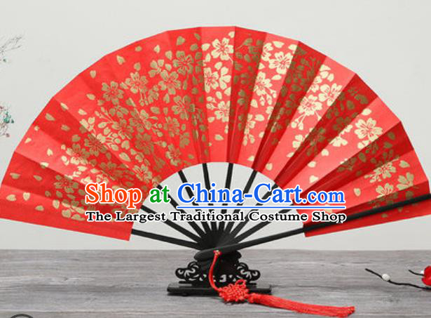 Handmade Chinese Printing Golden Sakura Red Fan Traditional Classical Dance Accordion Fans Folding Fan