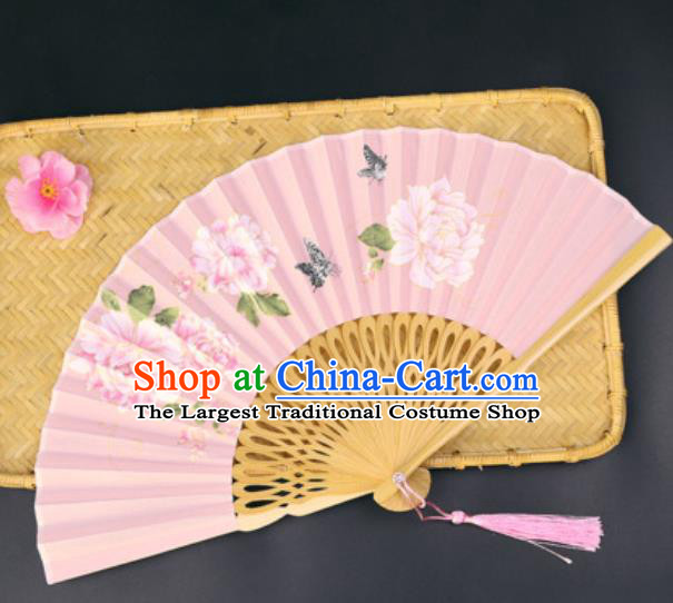 Handmade Chinese Printing Peony Pink Silk Fan Traditional Classical Dance Accordion Fans Folding Fan