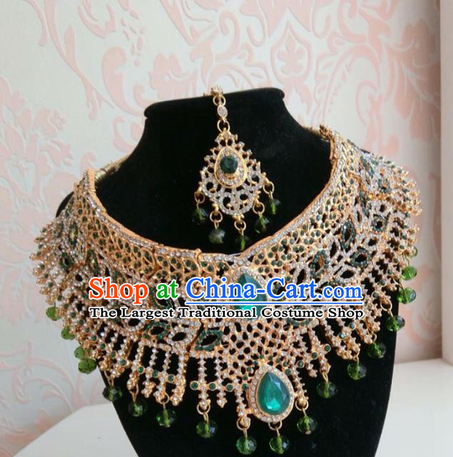 Traditional Indian Court Wedding Green Crystal Eyebrows Pendant and Necklace Asian India Headwear Jewelry Accessories for Women