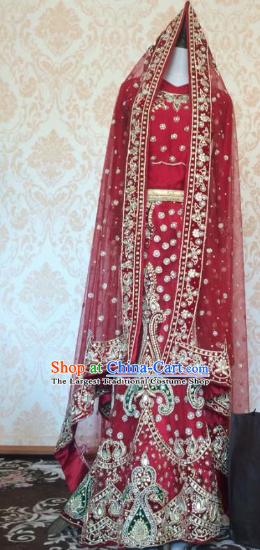 Indian Traditional Court Bride Purplish Red Lehenga Costume Asian Hui Nationality Wedding Embroidered Dress for Women
