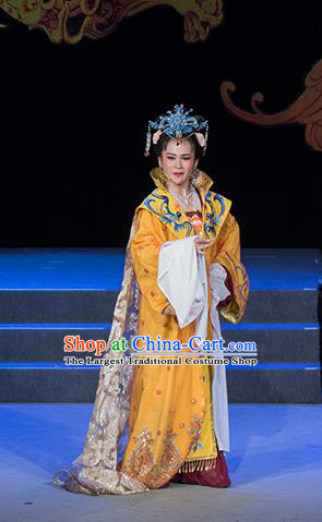 Chinese Shaoxing Opera Empress Liu E Yellow Dress Costumes and Headpieces Palm Civet for Prince Yue Opera Actress Queen Mother Garment Apparels