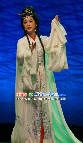 Chinese Shaoxing Opera Hua Tan Tong Que Tai Garment Apparels Costumes and Headdress Yue Opera Young Beauty Diao Chan White Hanfu Dress