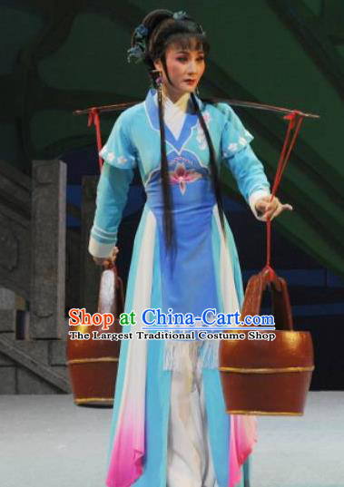 Chinese Shaoxing Opera Village Girl Blue Costumes and Headpieces Mo Chou Nv Yue Opera Actress Garment Hua Tan Dress Apparels