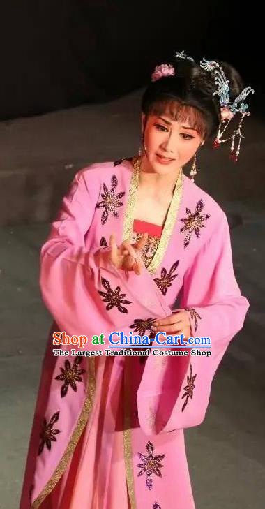 Chinese Shaoxing Opera Young Female Hua Tan Pink Dress Apparels Garment and Hair Accessories Baihua River Yue Opera Actress Cai Feng Costumes