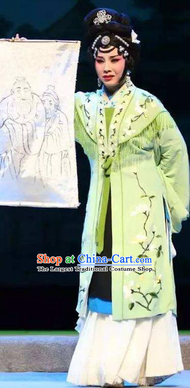 Chinese Kun Opera Distress Maiden Green Dresses Costumes The Story of Pipa Peking Opera Actress Garment Apparels and Headpieces