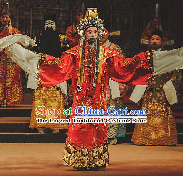 Chinese Classical Kun Opera Tang Emperor The Palace of Eternal Youth Costumes Garment and Headwear Peking Opera Apparels Elderly Male Red Ceremonial Robe