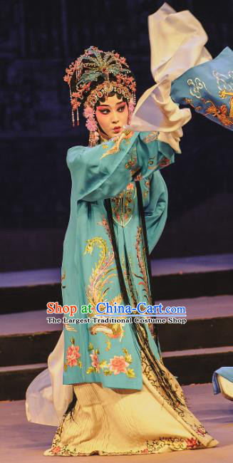 Chinese Kun Opera Hua Tan Consort Yang Blue Dress The Palace of Eternal Youth Costumes Peking Opera Apparels Actress Garment and Headwear