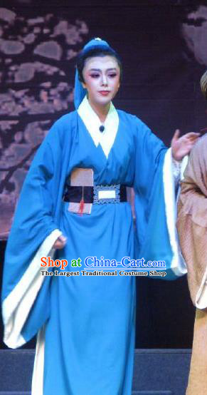 Xi Ma Qiao Chinese Yue Opera Scholar Blue Robe Costumes and Headwear Shaoxing Opera Xiaosheng Liu Wenlong Apparels Garment
