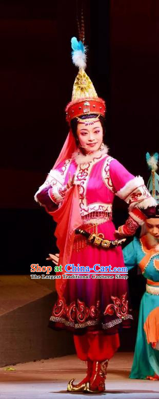 Chinese Shaoxing Opera Young Female Rosy Costumes and Headwear Xi Ma Qiao Yue Opera Hua Tan Princess A Jiao Dress Garment Apparels