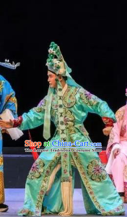 Chinese Classical Kun Opera Martial Men Apparels Princess Baihua Peking Opera Wusheng Costumes Green Garment and Helmet