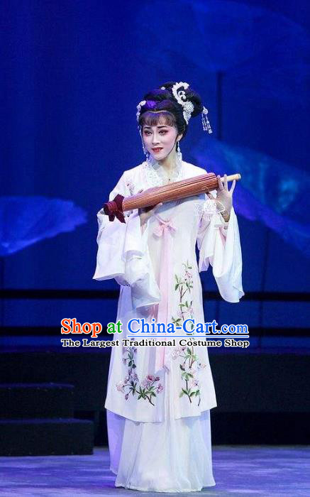 Chinese Shaoxing Opera Actress Bai Suzhen Garment Costumes Apparels and Headdress Legend of White Snake Yue Opera Hua Tan Dress