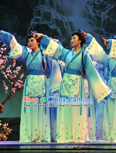 Chinese Shaoxing Opera Young Lady Blue Dress Costumes Apparels and Headpieces Hua Xi Love Song Yue Opera Xiaodan Garment