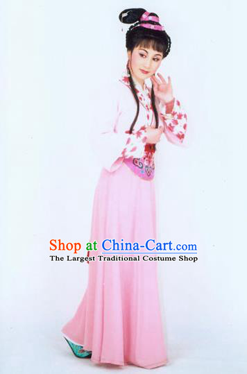 Chinese Shaoxing Opera Actress Pink Dress Costumes and Headpieces Yun Zhi Jin Yue Opera Village Lady Cai Xia Garment Apparels
