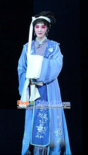 Chinese Kun Opera Tsing Yi Blue Dress Costumes and Headdress Dream of Red Mansions Kunqu Opera Distress Maiden Li Wan Garment Apparels