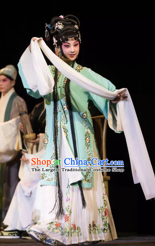 Chinese Kun Opera Young Lady Dress Costumes and Headdress the Legend of Washing the Silk Gauze Kunqu Opera Hua Tan Ruo Ye Garment Apparels