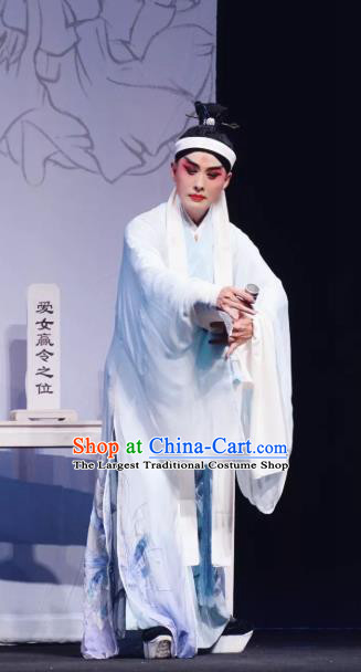 Romance Juliet Chinese Kun Opera Xiaosheng Scholar Apparels and Headwear Kunqu Opera Garment Young Male Ji Can Blue Costumes