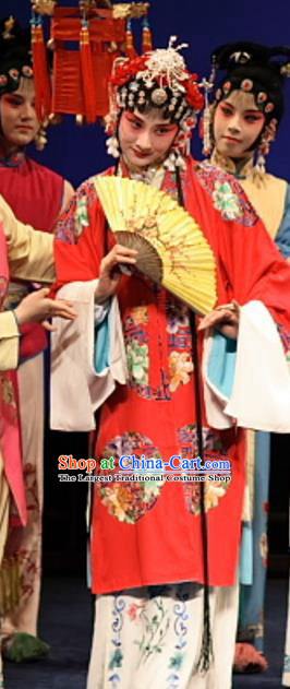 Chinese Kun Opera Hua Tan Red Costumes Apparels and Headdress Feng Zheng Wu Traditional Kunqu Opera Actress Zhan Shujuan Dress Garment