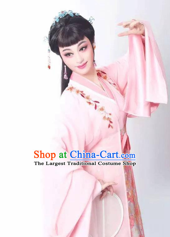 Chinese Shaoxing Opera Young Lady Costumes Zhang Yu Niang Apparels Yue Opera Hua Tan Actress Garment Pink Dress and Hair Accessories
