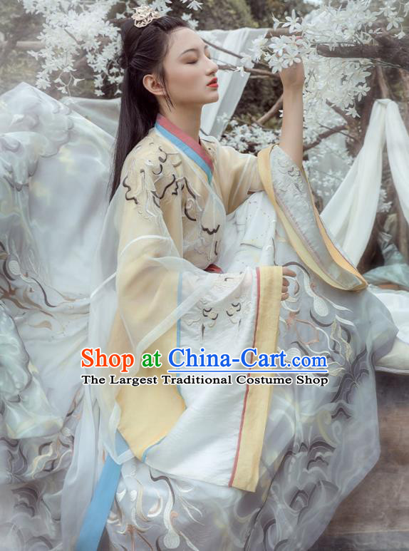 Traditional Chinese Jin Dynasty Noble Princess Historical Costumes Ancient Female Swordsman Embroidered Hanfu Dress