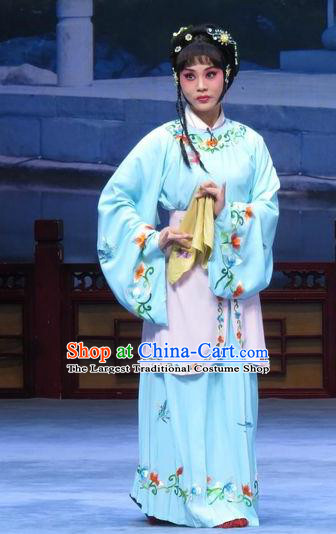 Chinese Ping Opera Actress Young Lady Ai Yu Costumes and Headpieces Xue Yu Bing Shuang Traditional Pingju Opera Dress Servant Girl Blue Garment Apparels