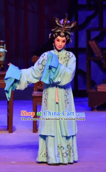 Chinese Ping Opera The Beautiful Courtesan Du Shiniang Costumes Apparels and Headpieces Traditional Pingju Opera Hua Tan Blue Dress Garment