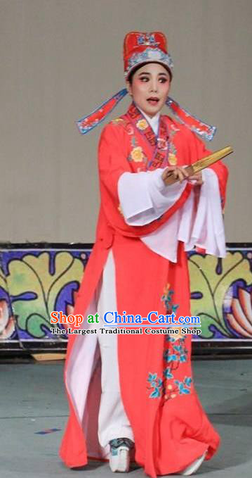 Chinese Yue Opera Xiaosheng Apparels The Wrong Red Silk Shaoxing Opera Young Men Costumes Scholar Garment and Hat